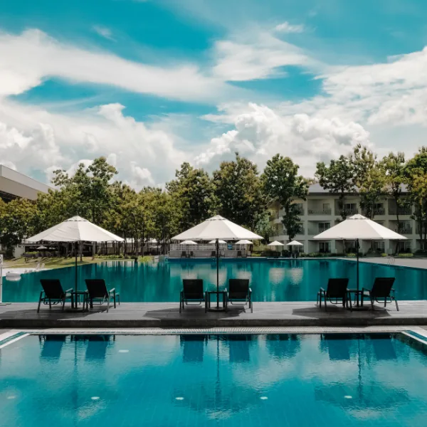 Resort swimming pool with lounge chairs, umbrellas and surrounding trees